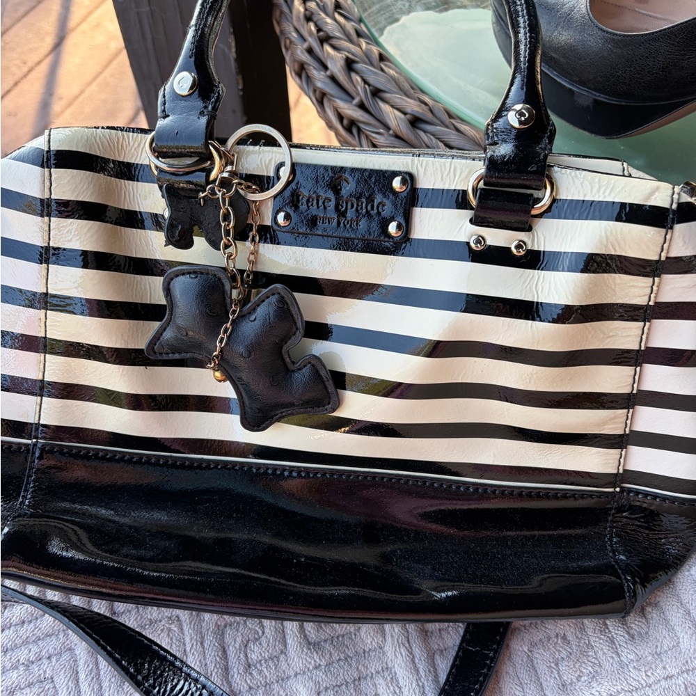 kate spade Black and White Striped Patent Tote with Charm